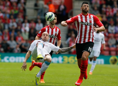 Aston Villa's Alan Hutton acrobatically clears his lines whilst under pressure from Southampton's Graziano Pelle.