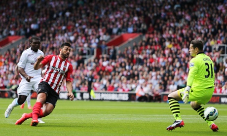 Graziano Pelle of Southampton puts the ball in the net only for it to be disallowed.