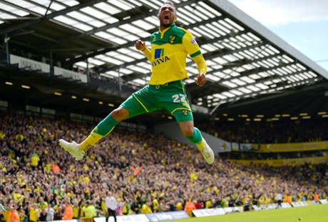 Nathan Redmond is rather pleased to put Norwich back into the lead.
