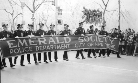 New York City police officers march at the city’s St Patrick’s Day Parade in March 1975.