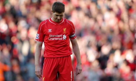 Liverpool’s Steven Gerrard looks dejected in the final minutes of the match against Crystal Palace at Anfield.