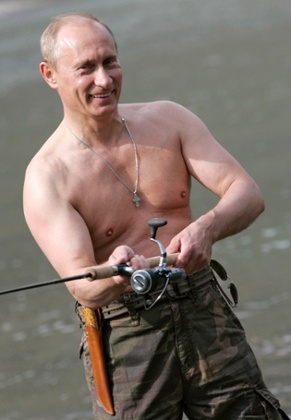 Vladimir Putin fishing on the Khemchik river in 2007.