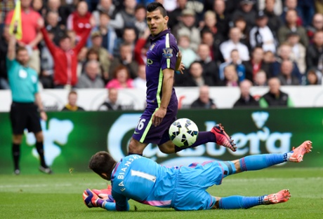 Sergio Aguero scores but it is disallowed for offside.