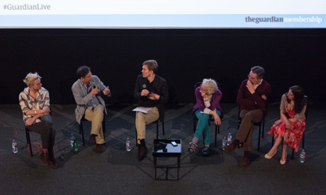 Panel at Guardian Live preview screening of We Are Many: (l-r) Tamsin Omond, Amir Amirani, Seumas Milne, Ruth London, John Rees and Katherine Connolly, 17 May 2015.