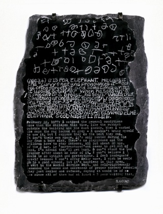 Post-Partum Document showed Kelly's son's earliest attempts at writing (top)