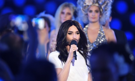 Conchita Wurst performs during a rehearsal of the first Semi Final