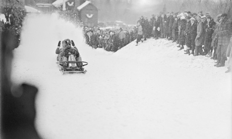 Brakes are applied as Billy Fiske's bobsleigh team comes to the end of their 1932 winning run.