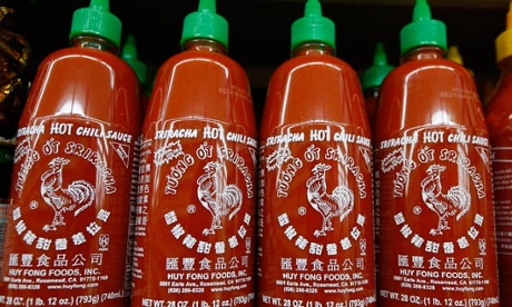 Bottles of Sriracha hot sauce