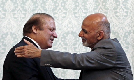 Pakistan's prime minister Nawaz Sharif with the Afghan president Ashraf Ghani after a news conference in Kabul on 12 May.