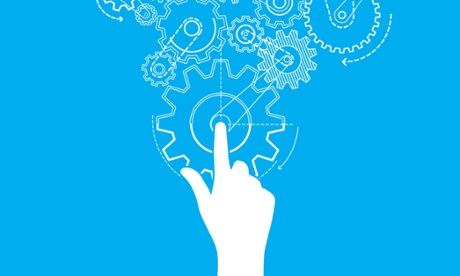 White hand touching interlocking cogs on blue background.
