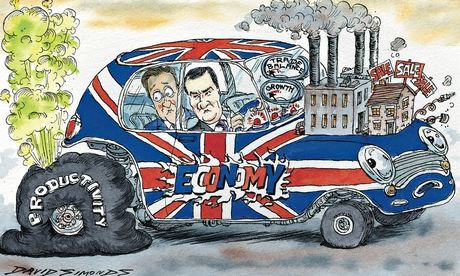Cartoon by David Simonds showing UK economy as a car with a flat tyre