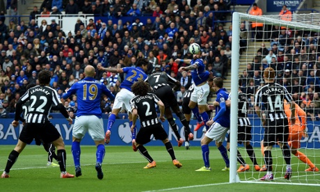 The head of Leonardo Ulloa, number 23, gives Leicester City an early lead.