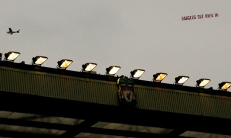 A plane flies over Anfield with a banner in relation to Liverpool manager Brendan Rodgers.