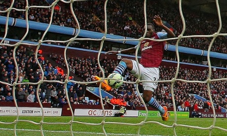 Christian Benteke of Aston Villa scores his sides second goal.