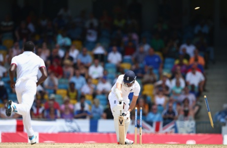 James Anderson's stump and bails go flying courtesy of Jerome Taylor.