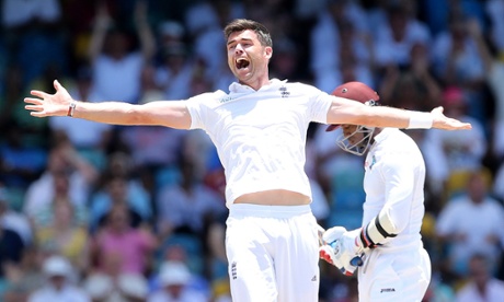 England's James Anderson celebrates taking the wicket of West Indies' Marlon Samuels.