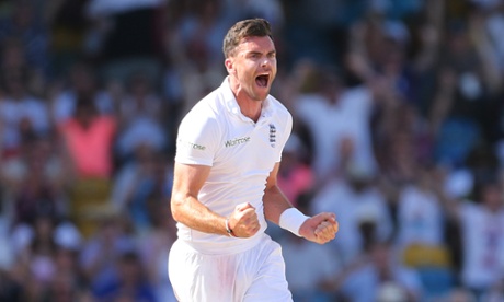 James Anderson celebrates taking the wicket of West Indies' Veerasammy Permaul.
