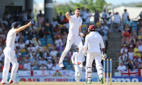 Get in. Anderson celebrates taking the wicket of West Indies' Jerome Taylor and notching his first five for in the Caribbean.