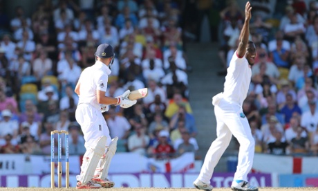 England's Jonathan Trott is struck on the pads and given out LBW off the bowling of West Indies' Jerome Taylor.