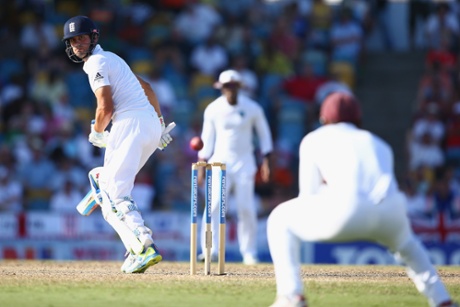 Alastair Cook looks back as he edges a catch to Kraigg Brathwaite at slip to be dismissed off the bowling of Shannon Gabriel.