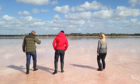 Walking on the pink salt lake in the Wimmera. 
