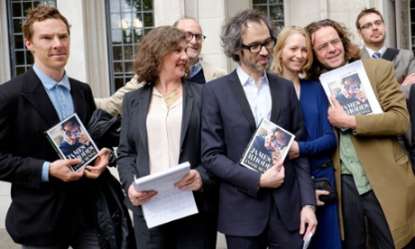 Pianist James Rhodes (centre) and Benedict Cumberbatch (left), his lawyer Tamsin Allen (2nd left), his wife Hattie and publisher James Byng (right) celebrate outside the Supreme Court after Rhodes won the right to publish his memoir.