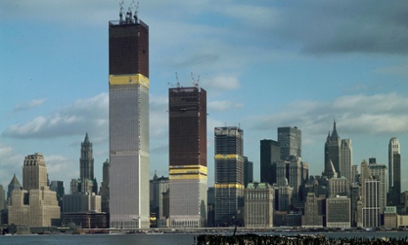 The twin towers of New York’s original World Trade Center under construction, as seen from Jersey City in 1970.