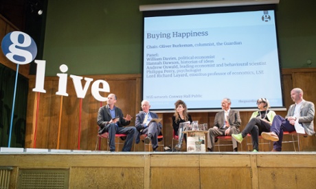 Guardian Live: Buying Happiness, 15 May 2015, Conway Hall, London. Panel (l-r) Oliver Burkeman, Lord Richard Layard, Hannah Dawson, Andrew Oswald, Philippa Perry and Will Davies.