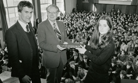 Vanessa Thorpe as head girl presenting the headmaster with his retirement present