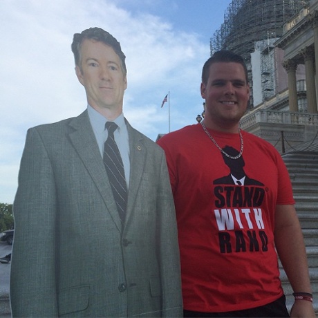 Sam Fodale from Louisiana showing his support on the Senate steps for Senator Paul's marathon speech against the NSA. Organiser Cliff Maloney says the small group of 