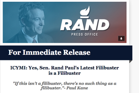 Rand Paul's campaign sends a blast email to reporters about his filibuster.