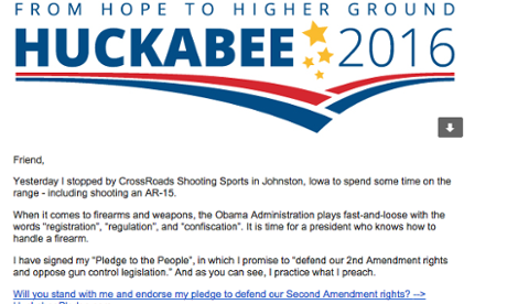 Mike Huckabee pushes gun rights to supporters.