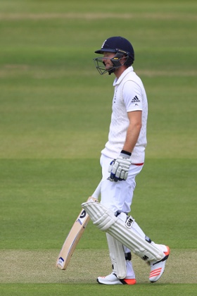 Adam Lyth leaves the field after being dismissed.