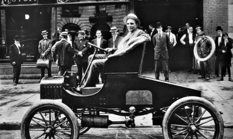 Henry Ford in his new model T Ford at his car plant in Detroit, 1900