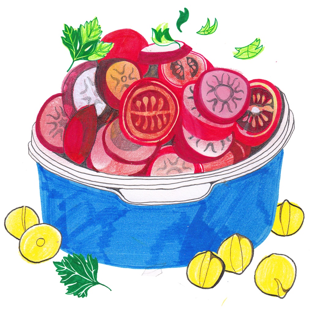 A salad made of chickpeas tomatoes and radishes