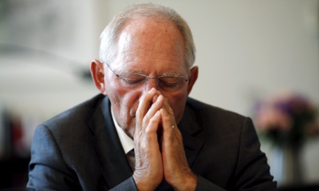 German Finance Minister Wolfgang Schaeuble pauses during an interview with Reuters at the finance ministry in Berlin, May 20, 2015. Schaeuble told Reuters the Greek government's optimism about clinching a cash-for-reforms deal with its lenders in days was not backed up by negotiations and he could not rule out Greece becoming insolvent. Picture taken May 20, 2015.  REUTERS/Fabrizio Bensch:rel:d:bm:GF10000102566