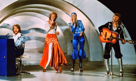 Abba perform Waterloo at Eurovision, Brighton, in 1974. 