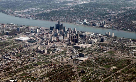 An aerial view of Detroit and the riverside Renaissance Center.