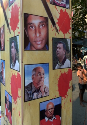 Tributes to murdered Bangladeshi bloggers at a protest meeting in Kolkata, India.