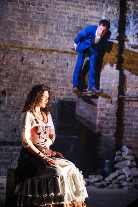 John Light (Escamillo) and Viktoria Vizin (The Chorus) in Carmen Disruption by Simon Stephens at the Almeida.