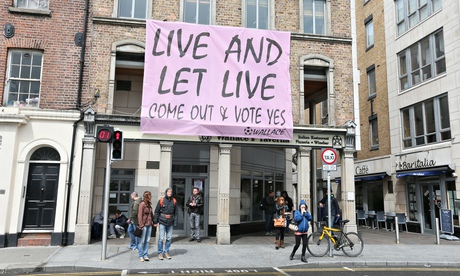 A banner calling for a yes vote hangs above the Italian quarter in Dublin