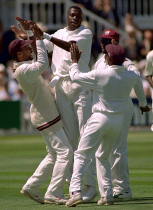 Curtley Ambrose celebrates the wicket of Robin Smith at Lord's in 1995.