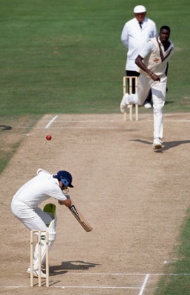 Curtley Ambrose has Richard Illingworth ducking at Edgbasrton in 1991.
