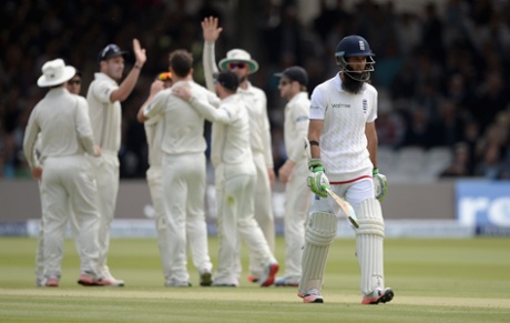 Moeen Ali leaves the field after being dismissed by Trent Boult.