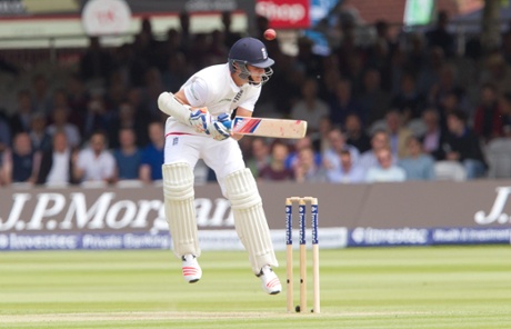 Stuart Broad takes evasive action.