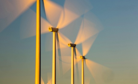 Part of the Tehachapi Pass wind farm, the first large scale wind farm area developed in the US, California, USA, at sunrise.