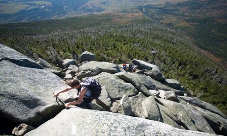 Hiker descending Mount Katahdin.