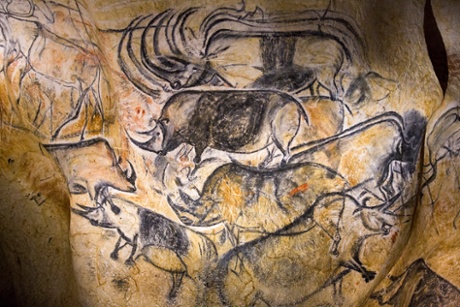 A replica of pre-historic drawings showing animals is seen on a wall during a press visit at the site of the Cavern of Pont-d'Arc project in Vallon Pont d'Arc April 8, 2015.