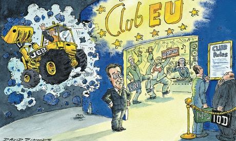 Cartoon by David Simonds showing business community divided about membership of the EU club. 