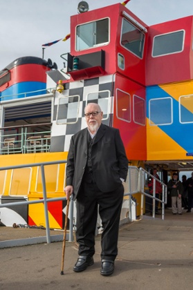 Sir Peter Blake launches the newly painted Mersey ferry at Liverpool pierhead landing stage.